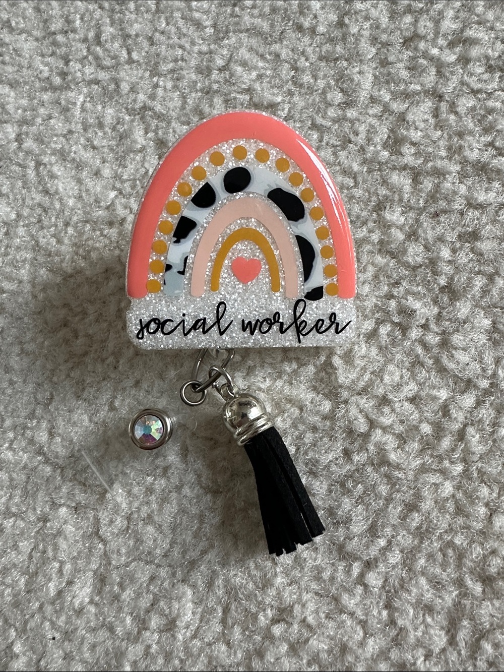 Social Worker Rainbow Badge Reel with Tassel - Coral, Black, Gold